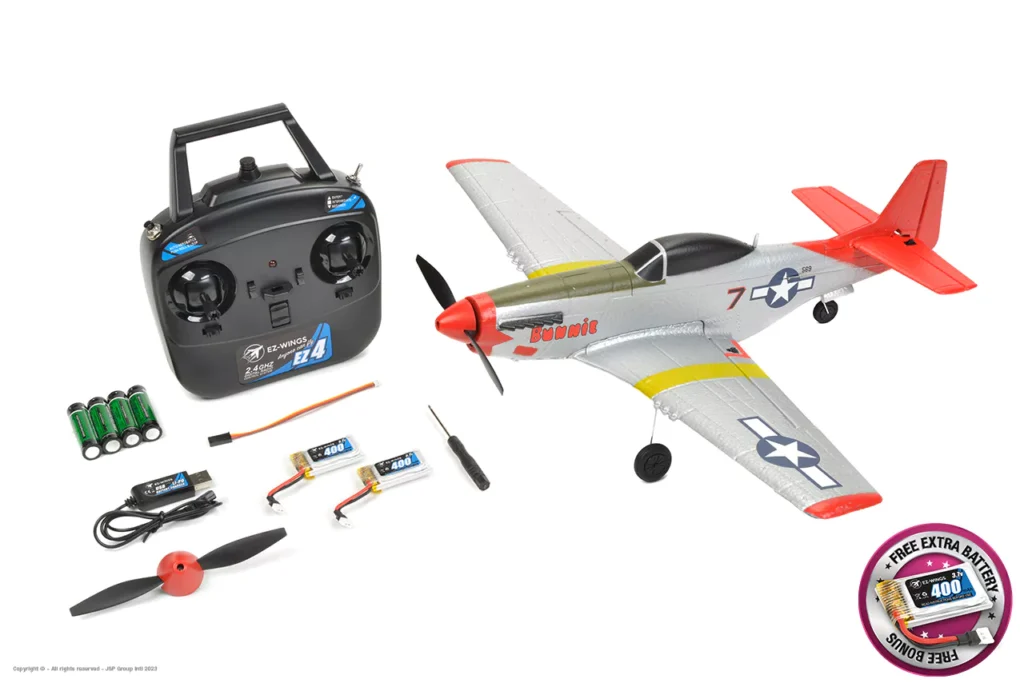 ez wings mini p 51 mustang 450mm vliegtuig rtf geel met 2x batterij en usb lipo lader (nummer 1 om te beginnen)!